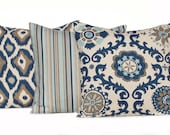 Throw Pillow Covers 16 x 16 Navy Taupe Aqua on Linen Cushion Sofa Pillows Rosa by Premier Prints