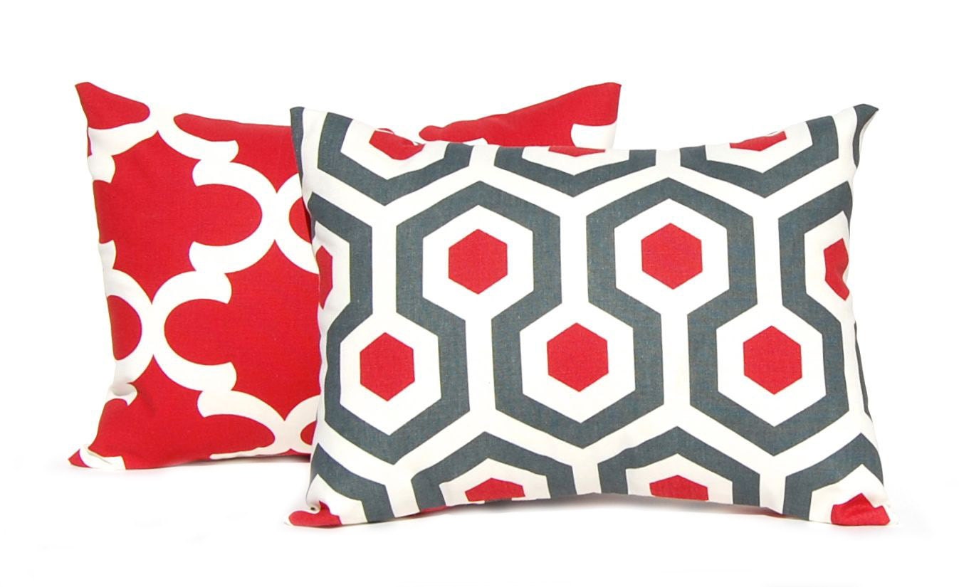 Decorative Throw Pillow Cover One 12 x 16 Red Pillows Honeycomb Pattern Ruby Red and Charcoal Gray Home Decor
