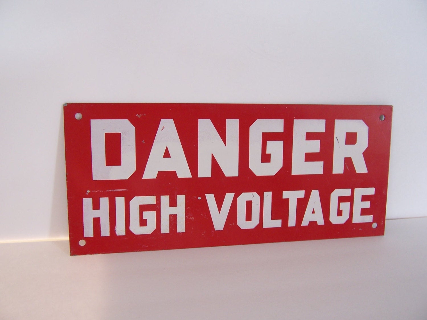 Vintage Metal Danger High Voltage Sign - Factory Salvage - Industrial - Red and White