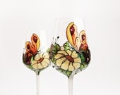 Wine Glasses Hand Painted Set of 2 Butterfly and Flowers