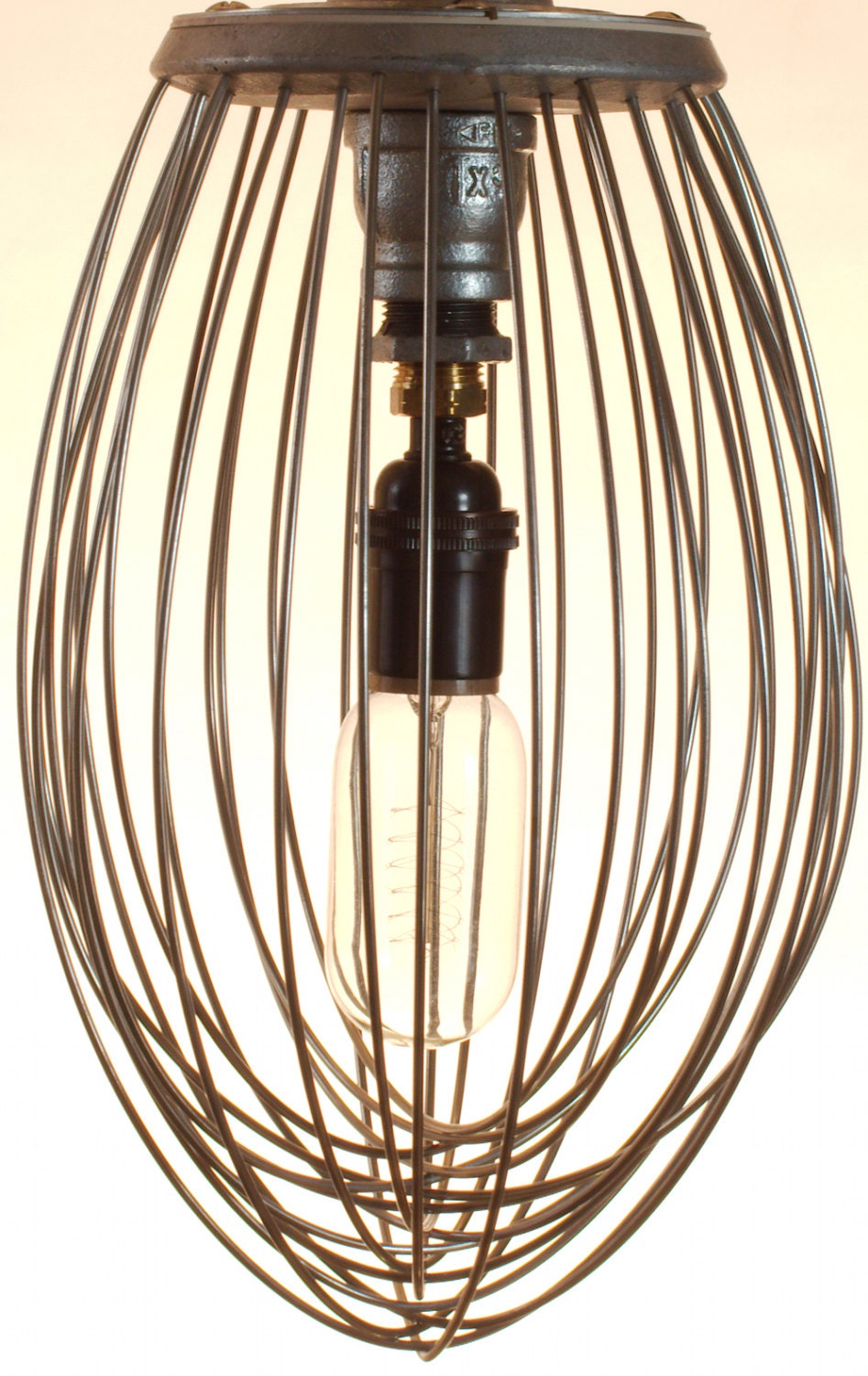 Industrial steam punk light upcycled oversized whisk turned to hanging metal chandelier