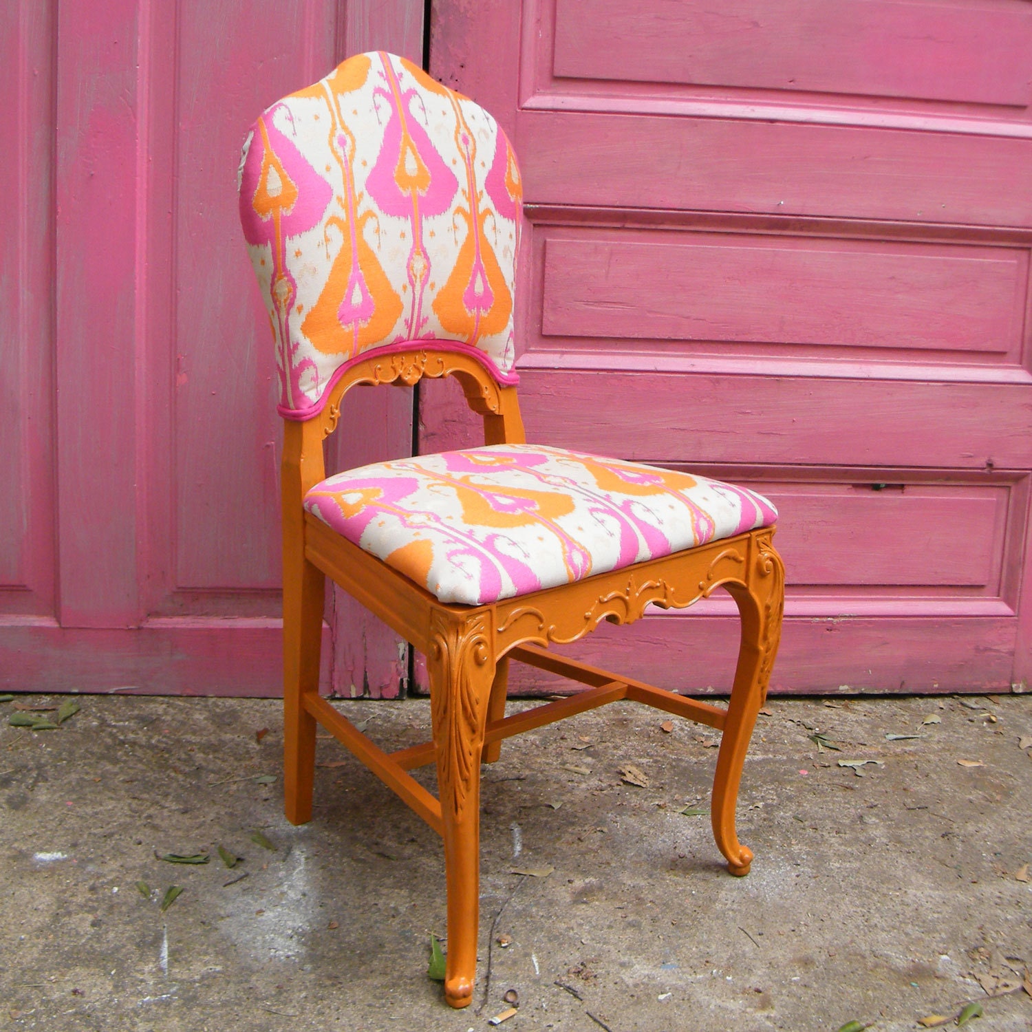 Vintage French Style Chair Upcycled Furniture In Pink and Orange Ikat