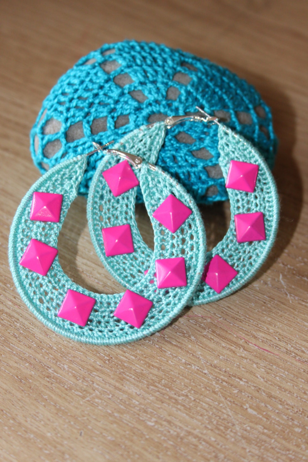 Crochet Hoop Earrings, Drop Earrings, Boho Womans Accessory, mint green, pink, Studs, rock chick, modern