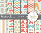 Digital Scrapbook Paper Pack Gentleman Mustache Tophat & Bowtie in Blue Coral Orange and Taupe INSTANT DOWNLOAD