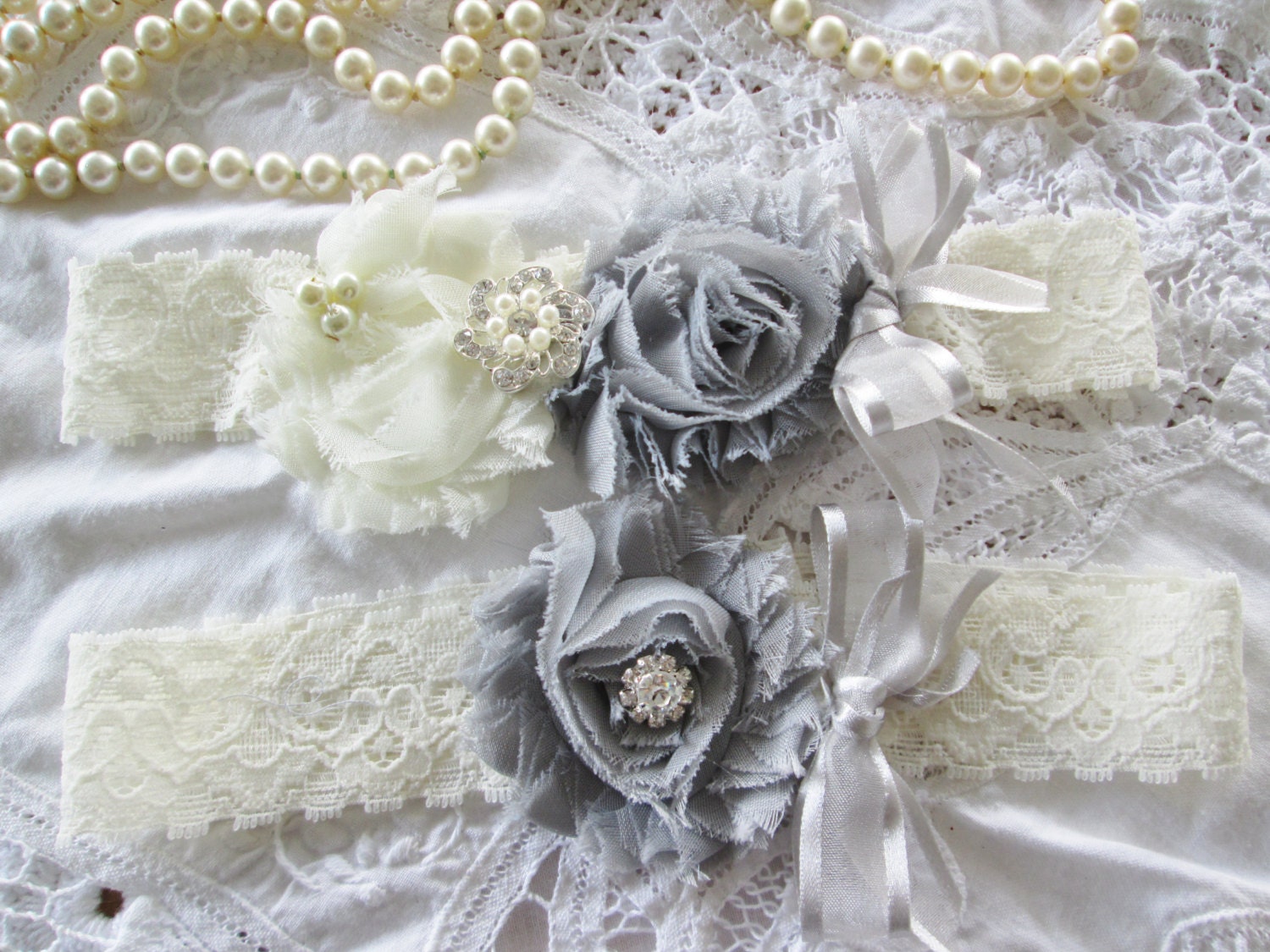 Bridal wedding garter set vintage style stretch lace garters. ivory or white with gray chiffon flowers