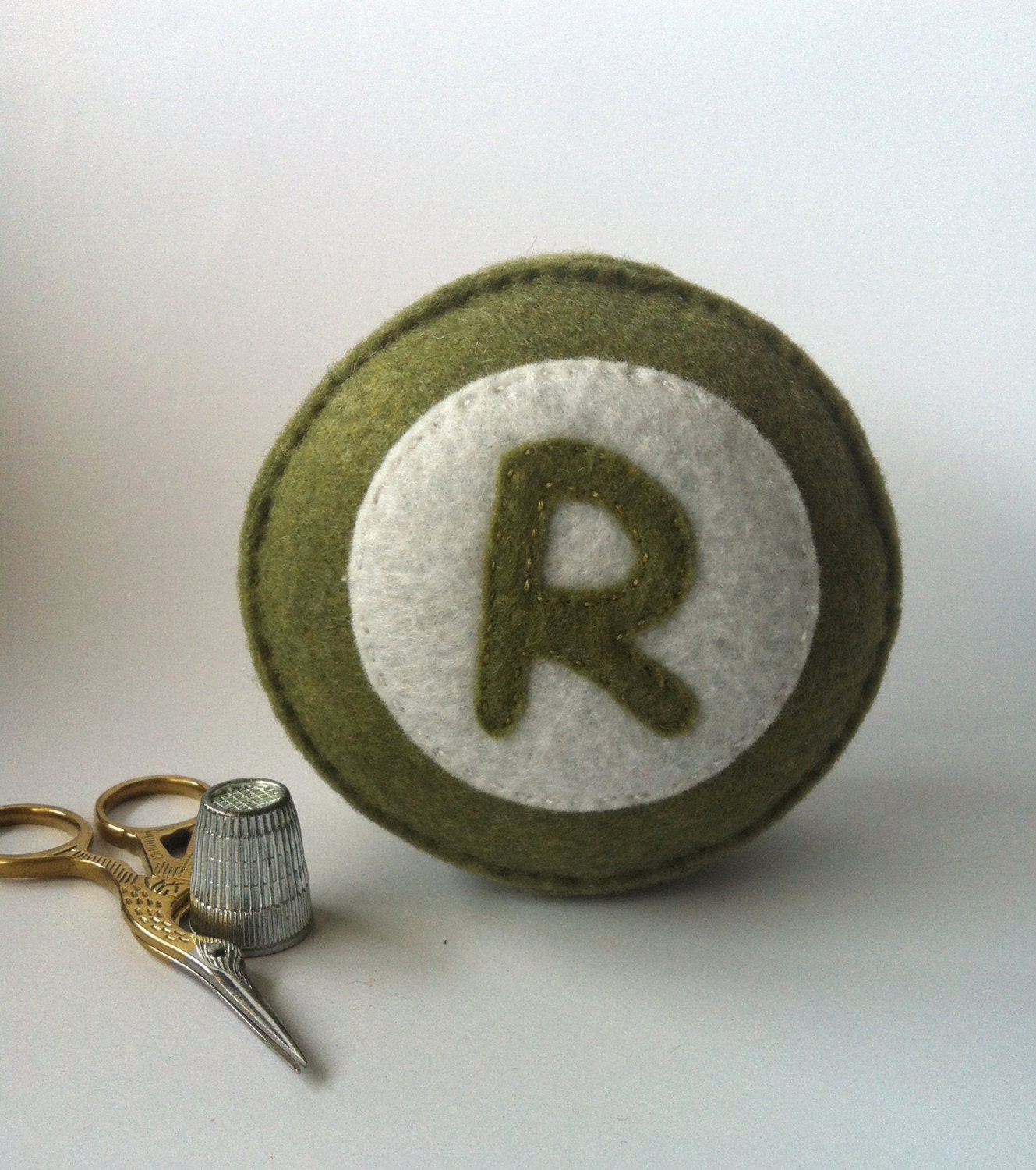 SALE - Initial R  recycled felt hand sewn pin cushion