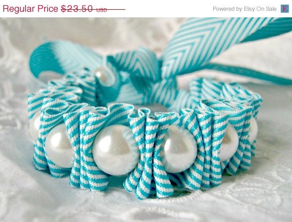 SALE Chevron Statement Bracelet  Ribbon and Pearl Bracelet Bridesmaid Gift in Carribean Blue Bridesmaid Jewelry Bridesmaid gifts