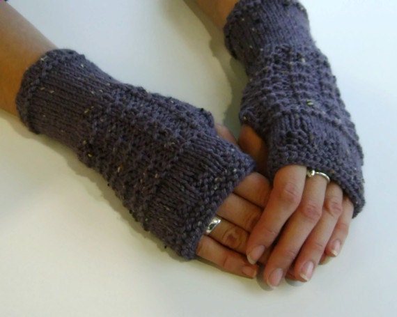 Fingerless Gloves / Mittens / Wrist Warmers in Dusky Grape Aran Wool