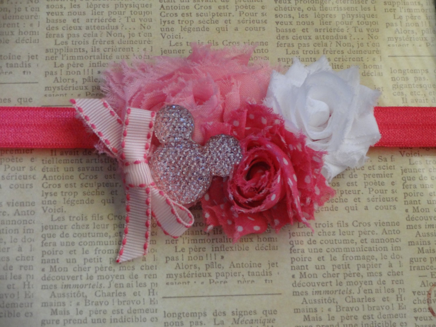 Mickey/Minnie Mouse Headband with Rosettes, Ribbon, and Rhinestone