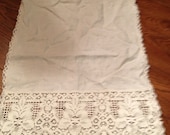 Vintage Small Hand Towel Table Cloth Runner off white with beautiful lace detail Linen