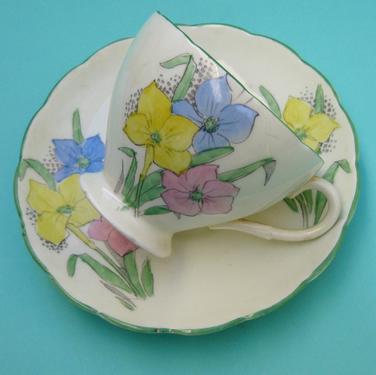 Vintage 30s Spring Crocus China Teacup - E Brain Foley Hand Painted Art Deco Colorful Easter Cup Pastel Pink Yellow Blue Narcissus Flower