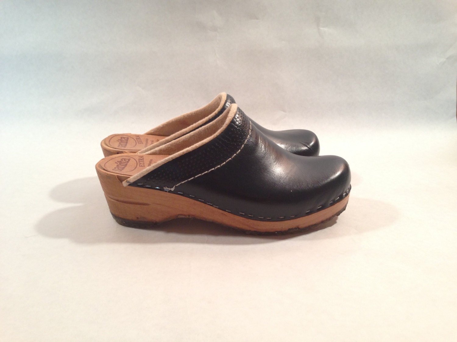 Vintage 90s Swedish Wooden Navy Blue Clogs Size 6