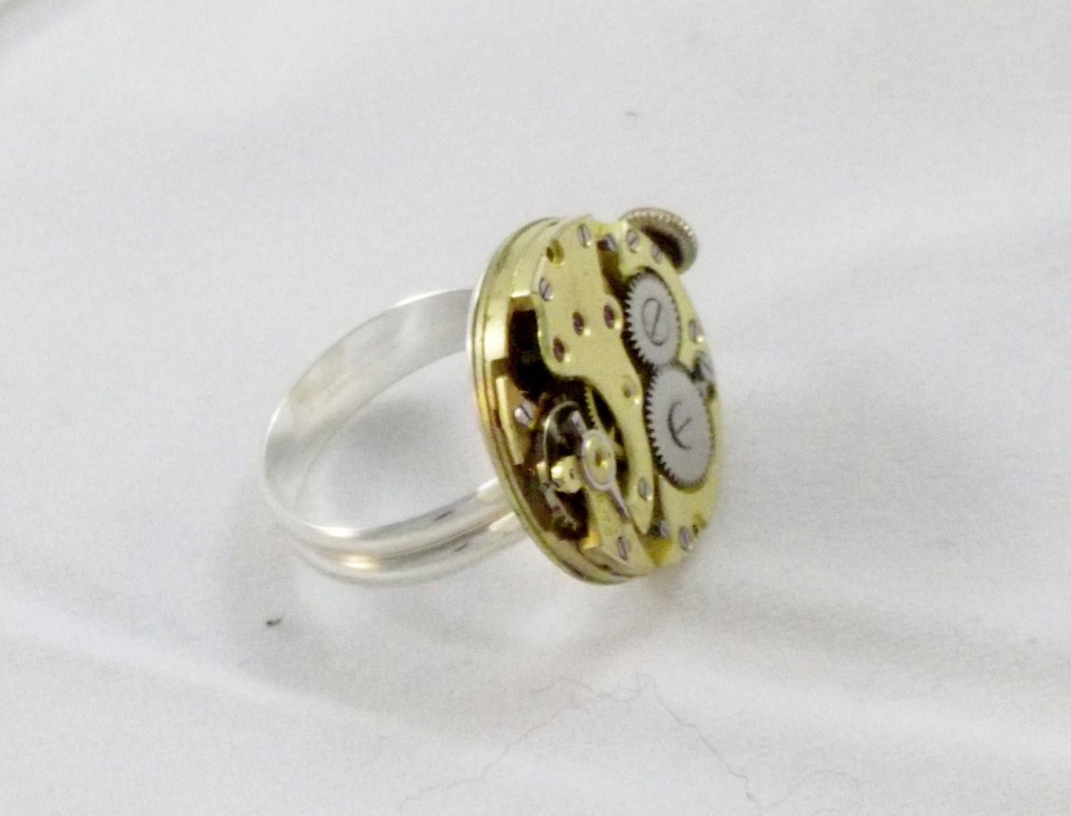 Women Sterling Silver Steampunk Ring 925 Recycled Watch Parts Movement NeoVictorian Gold Color Lady Boho Upcycled Jewelry boho cogs gears