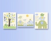 Baby boy, Nursery wall Decor, Children Art print, Eli baby elephant, set of 3 8x10, Eli elephants pottery barn, baby blue, green, yellow