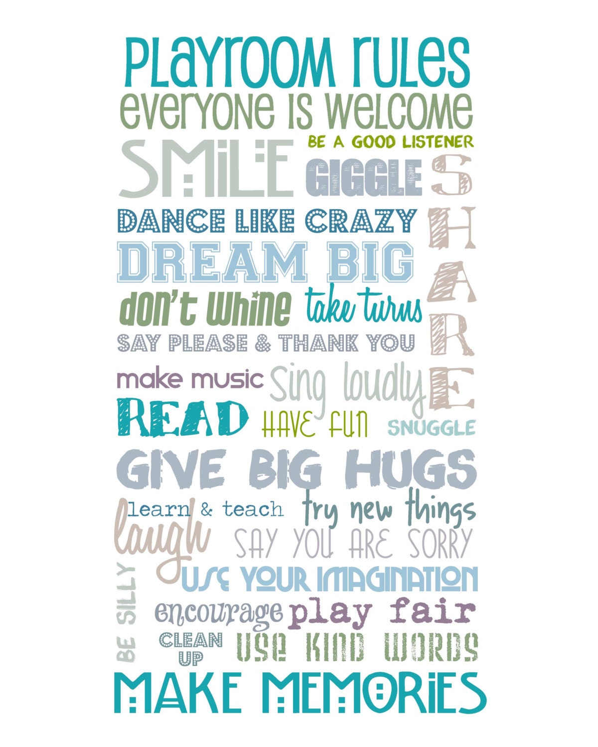 Playroom Rules -Neutral Blues and Greens on White - Playroom Rules on Top - 8x10"