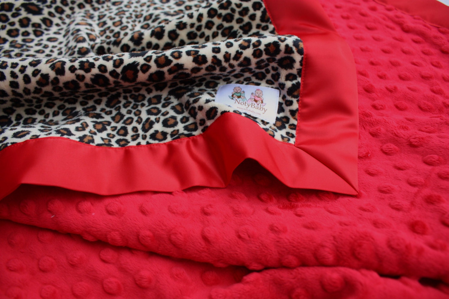 Double Minky Baby Stroller Blanket -- Tan Cheetah Print Minky with Teal Minky Dot & Satin Trim -- READY TO SHIP