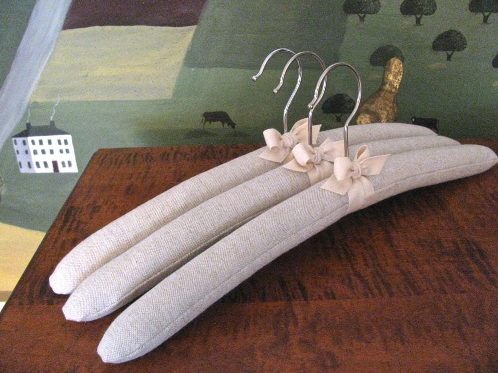 Padded Hangers, Natural Homespun Linen with Natural Organic Cotton Ribbon Accent (Set of 3)
