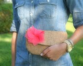 burlap clutch purse with removable fabric flower brooch / spring fashion / bridesmaid / coral / brown