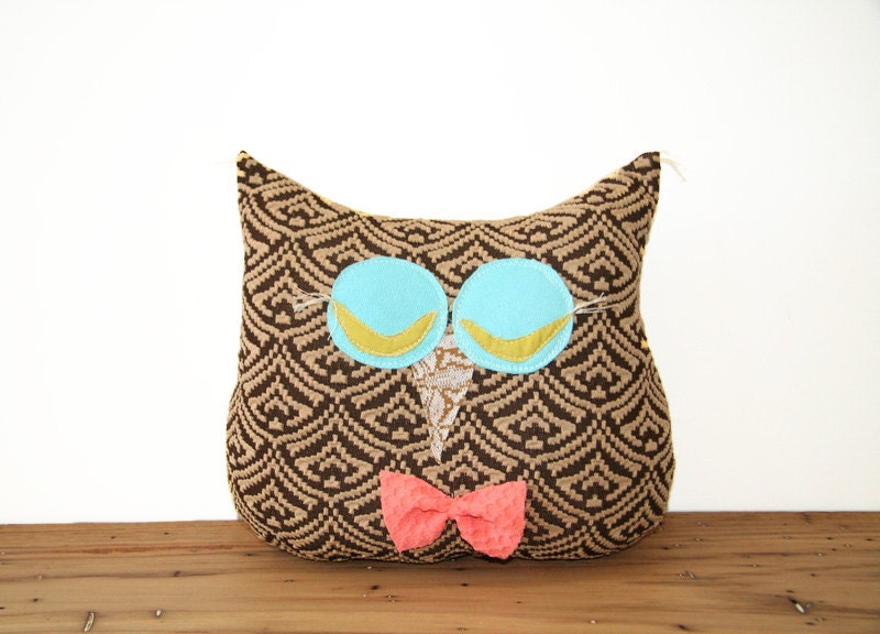 owl throw pillow / recycled / nursery / brown tan coral teal  / bow tie / children / home decor
