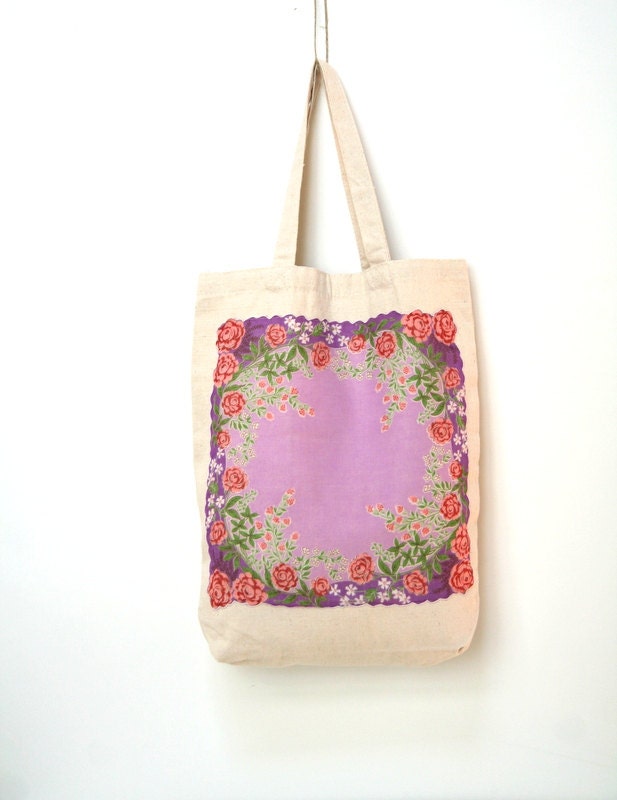 purple vintage hankie tote bag / floral / recycled / purple lilac peach green natural / market bag / book bag / shabby chic