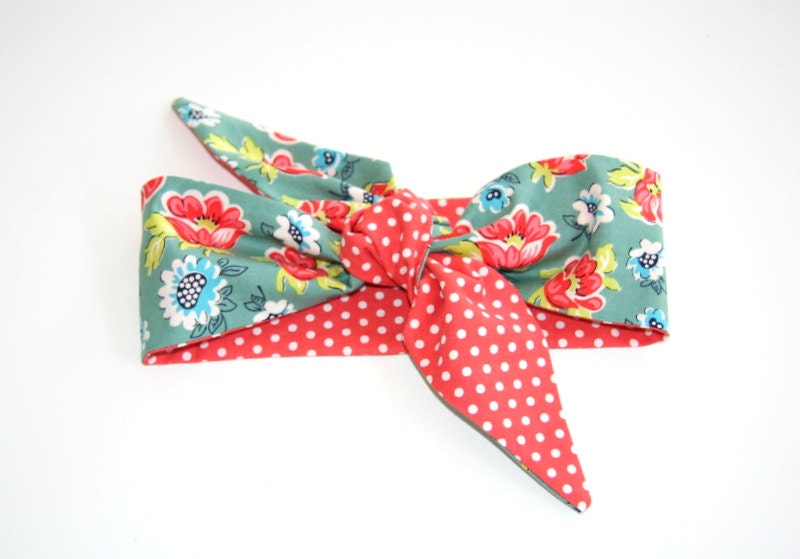 floral and polka dot reversible headband / green blue orange white / tie up headband / adjustable / summer / knotted headband