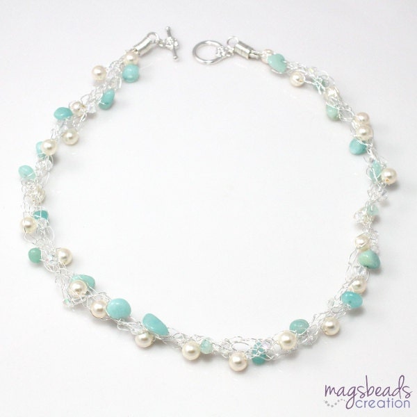 Aqua Blue Necklace, Amazonite Necklace, Wire Crochet Necklace, Winter Shade Jewelry, Bridal Necklace, Brides Necklace, Bridesmaid Jewelry