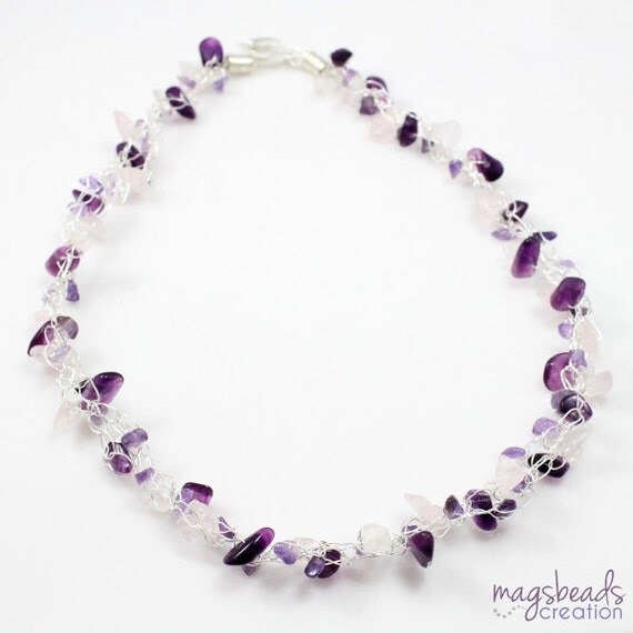 Amethyst Wire Crochet Necklace, February Birthstone, Amethyst and Rose Quartz Crochet Necklace, Pink and Lavender Purple, Crochet Jewellery