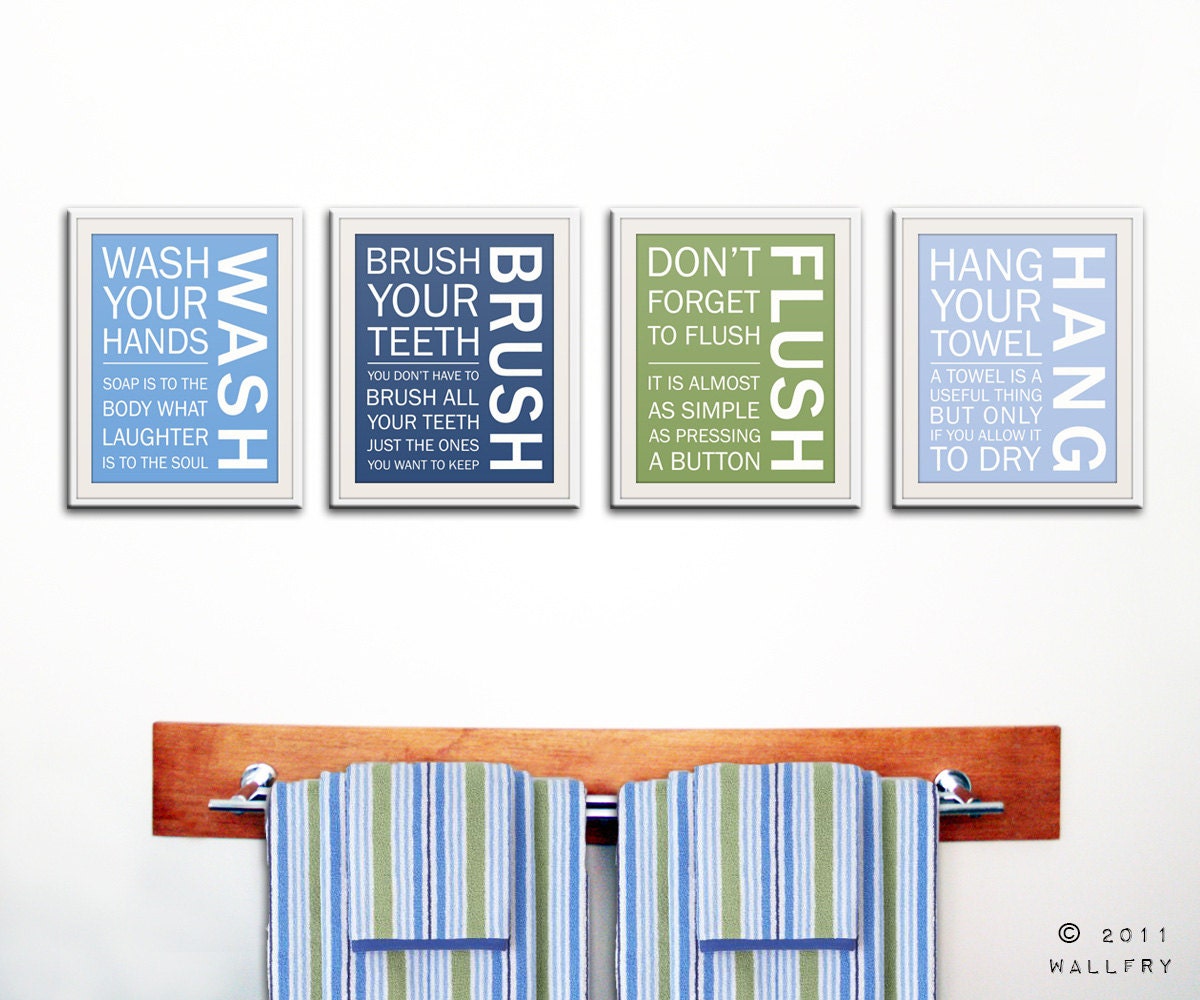 Kids bathroom art. Wash Brush Floss Flush. Typography. Pottery Barn Kids bathroom decor. Set of 4 8x10 prints by WallFry