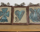 Faith, Hope, Love set of 3 8x10 canvases with a cross, an angel, and a heart rustic