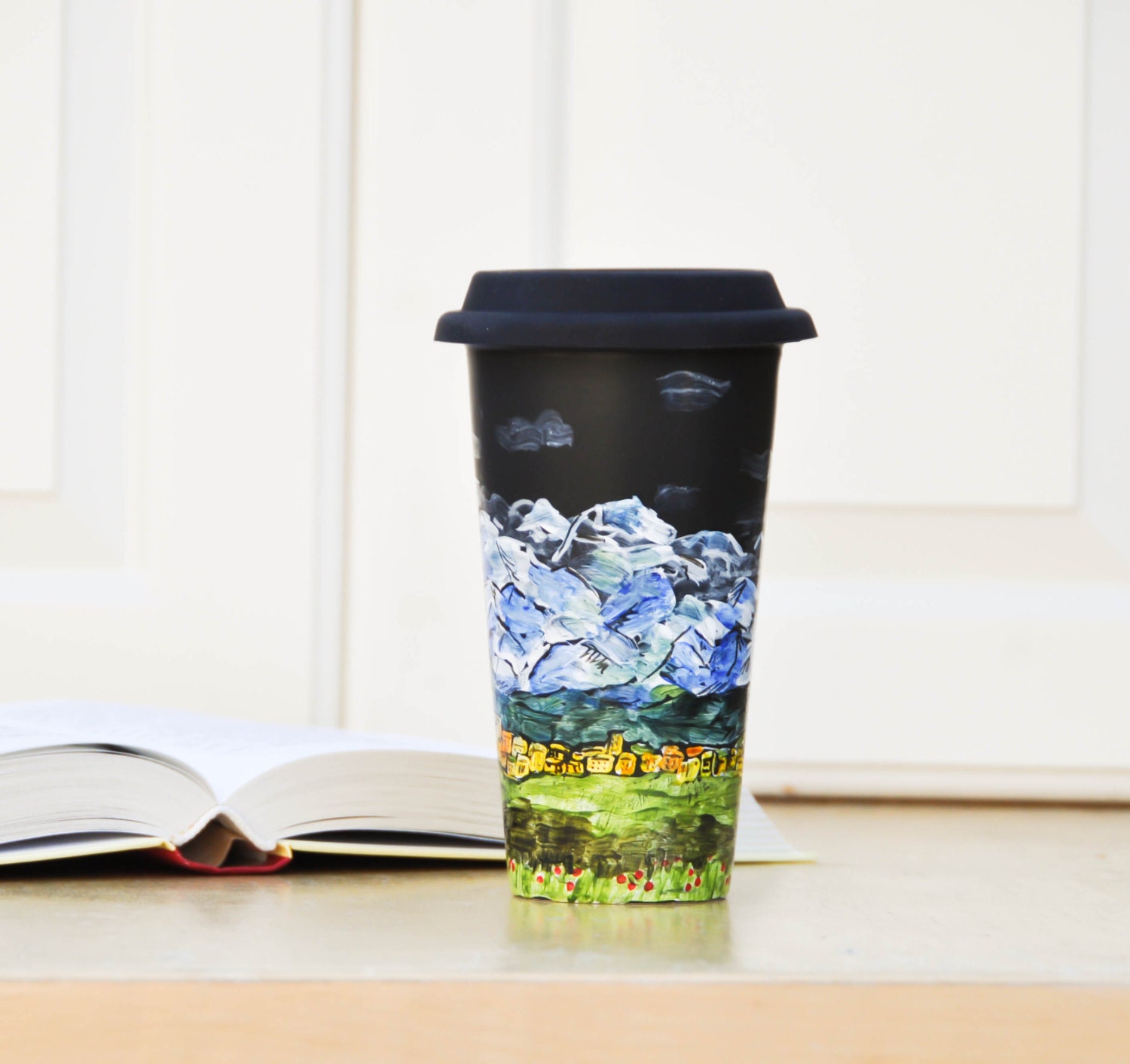 Mountain Lover Ceramic Travel Mug - Black Chalkboard Eco cup - Hand Painted Coffee Mug with Lid - Father's Day Gift