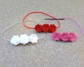 Wool Felt Flower Headband Set (3) - Petite Rose Trios in Red, Pink, White - Baby, Girl, Toddler Hairband - Photo Prop - Skinny Headband