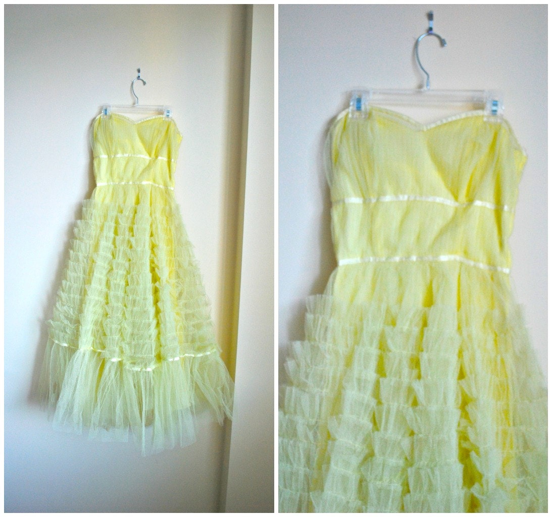 1950s Dress - 50s Bombshell Dress - STRAPLESS Yellow Tiered Layered Circle Skirt Party Prom Wedding DRESS Gown Formal