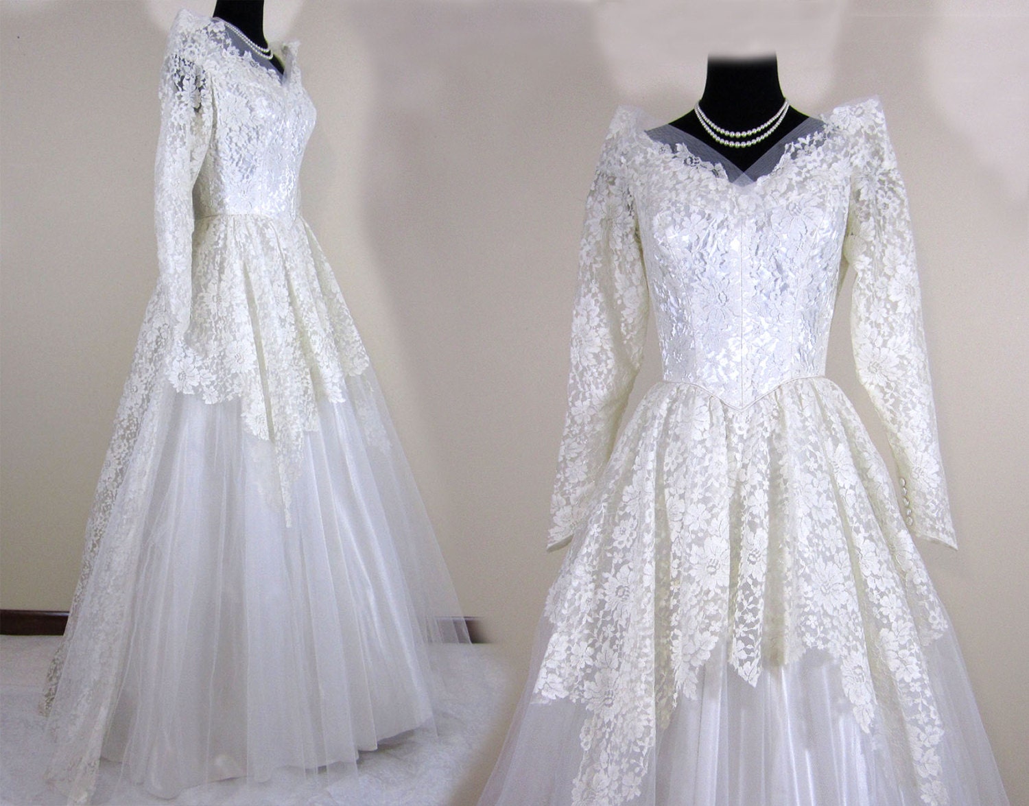 Vintage 50s Wedding Dress - By Miriam Originals - Chantilly Lace and Tulle - Full Skirt - Floor length - S-M - REDUCED