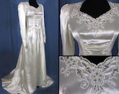 1940s Wedding Dress - Beaded Neckline - Slipper Satin - Puff Sleeves - XS-S - REDUCED