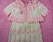 1920s Christening Dress Set - Ivory & pink crochet long baby dress  - for doll re-use