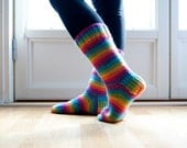 Hand knitted socks in neon rainbow colors. Warm wool blend socks. Pink, yellow, orange, green, turquoise.