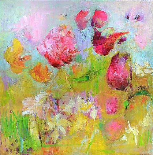 DAFODILS and TULIPS Original Abstract Painting on Stretched Canvas 10 x 10