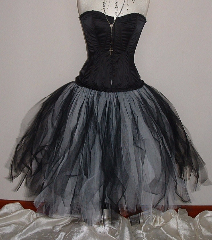 adult tutu skirt white black RAGGED lined 3 layers net tulle 26"long goth steam punk wedding prom gypsy skirt  US size 14-20