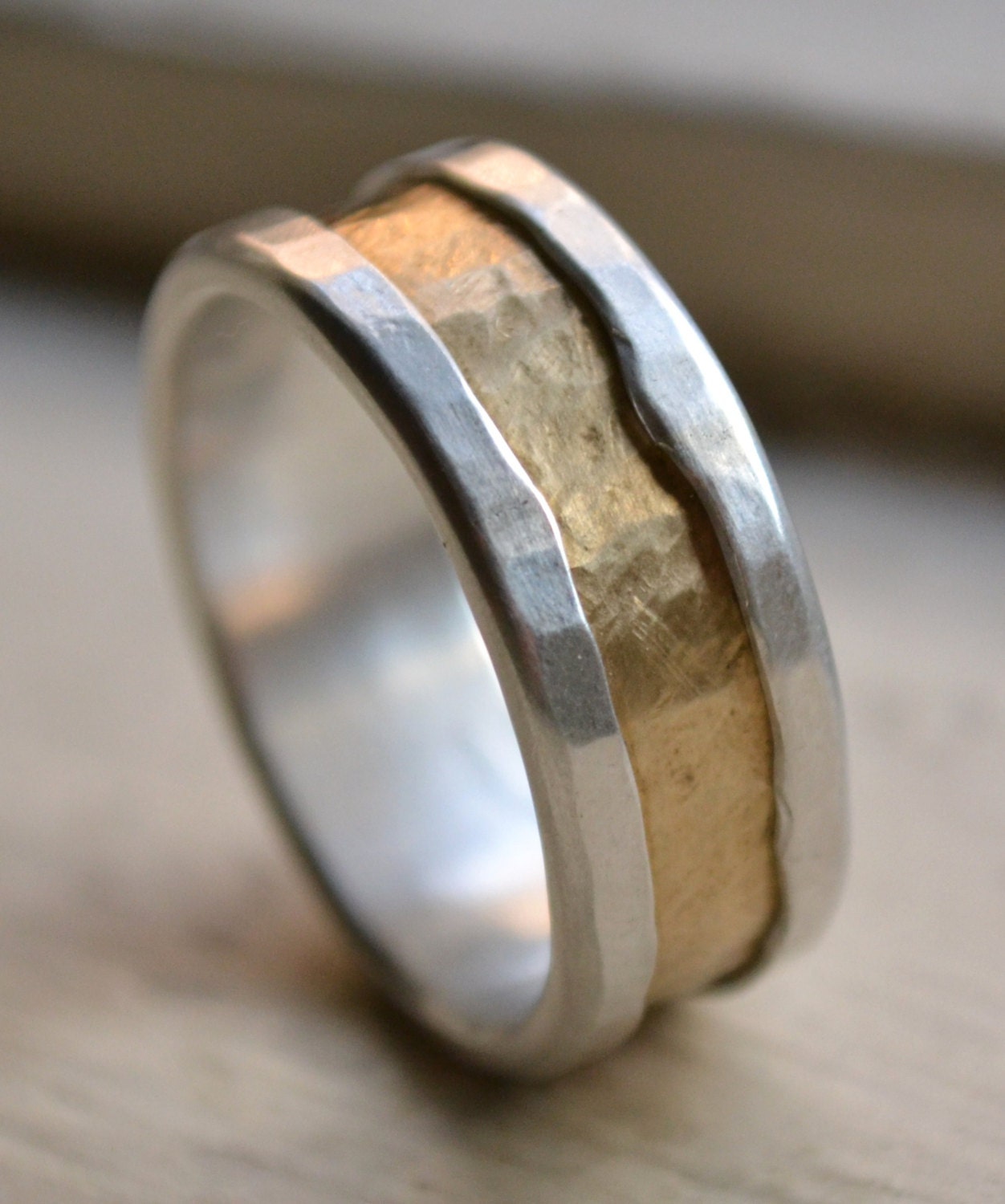 mens rustic fine silver and brass ring - handmade hammered artisan designed wedding or engagement band - customized