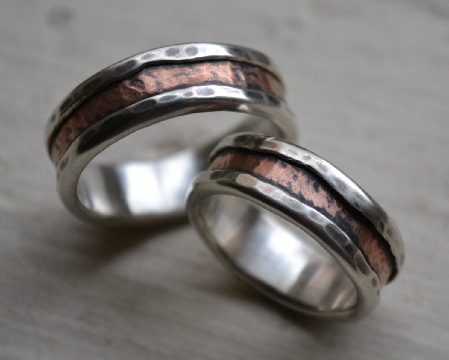rustic silver and copper wedding ring set - handmade fine silver and copper wedding bands - rustic wedding bands - his and hers customized