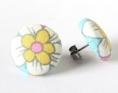 Stud earrings blue white yellow pink flowers bright happy spring