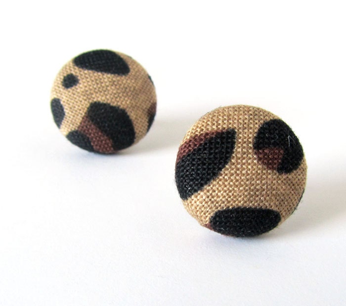 Animal print button earrings studs cheetah leopard bobcat jaguar brown black
