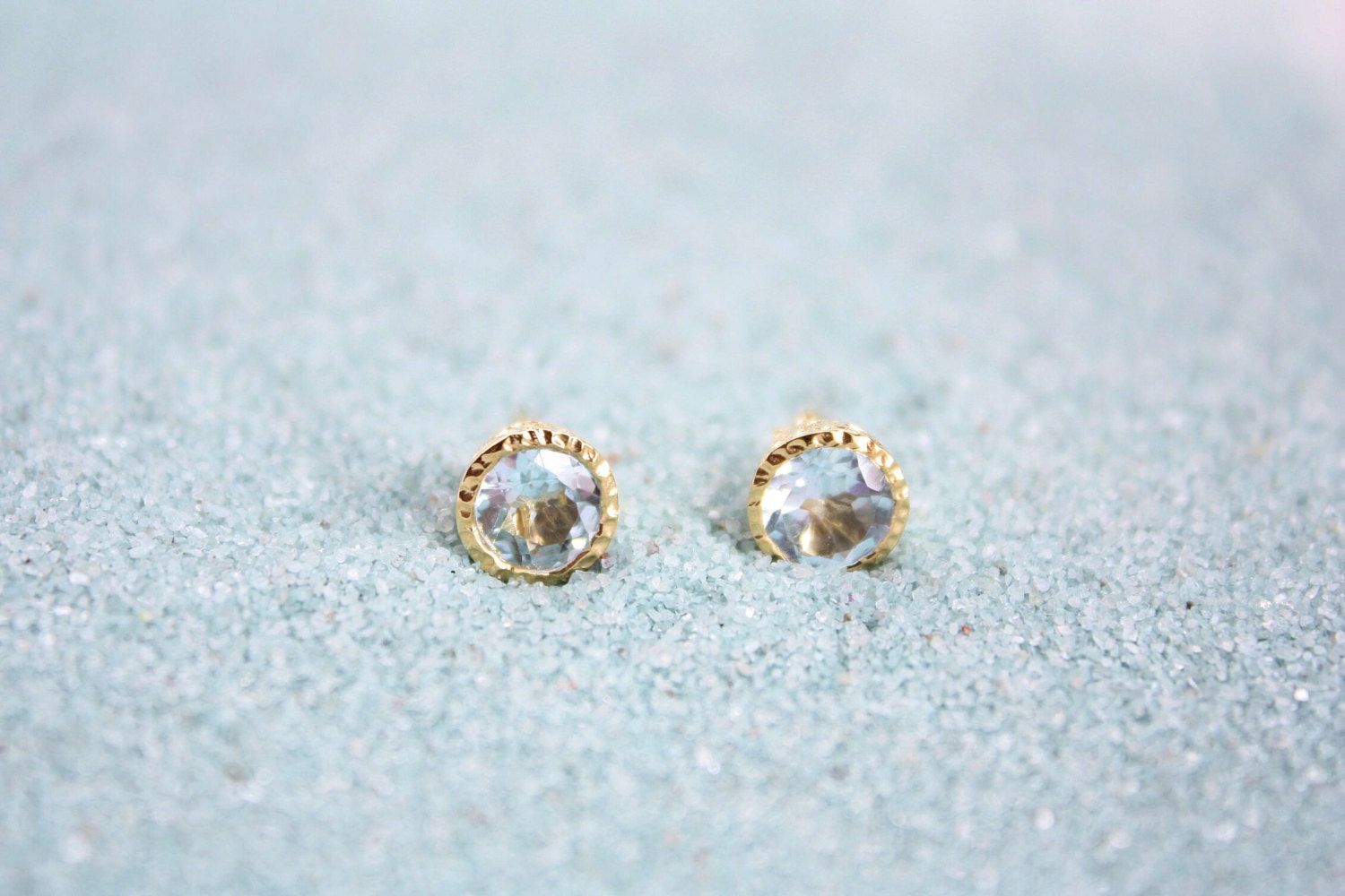 14 Karat Blue Topaz Stone Stud Earrings, 14 Karat Gold Pated over Sterling Silver, Ready to Ship Out