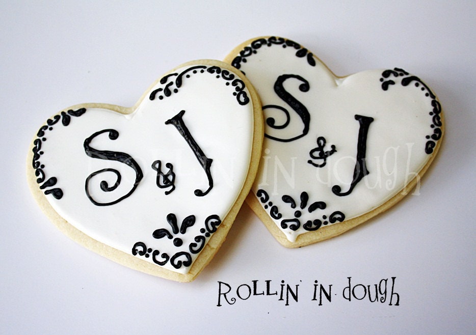 Wedding Cookies, Monogram Wedding Cookies, Monogram Cookies, Heart  Wedding Cookies - 1 Dozen