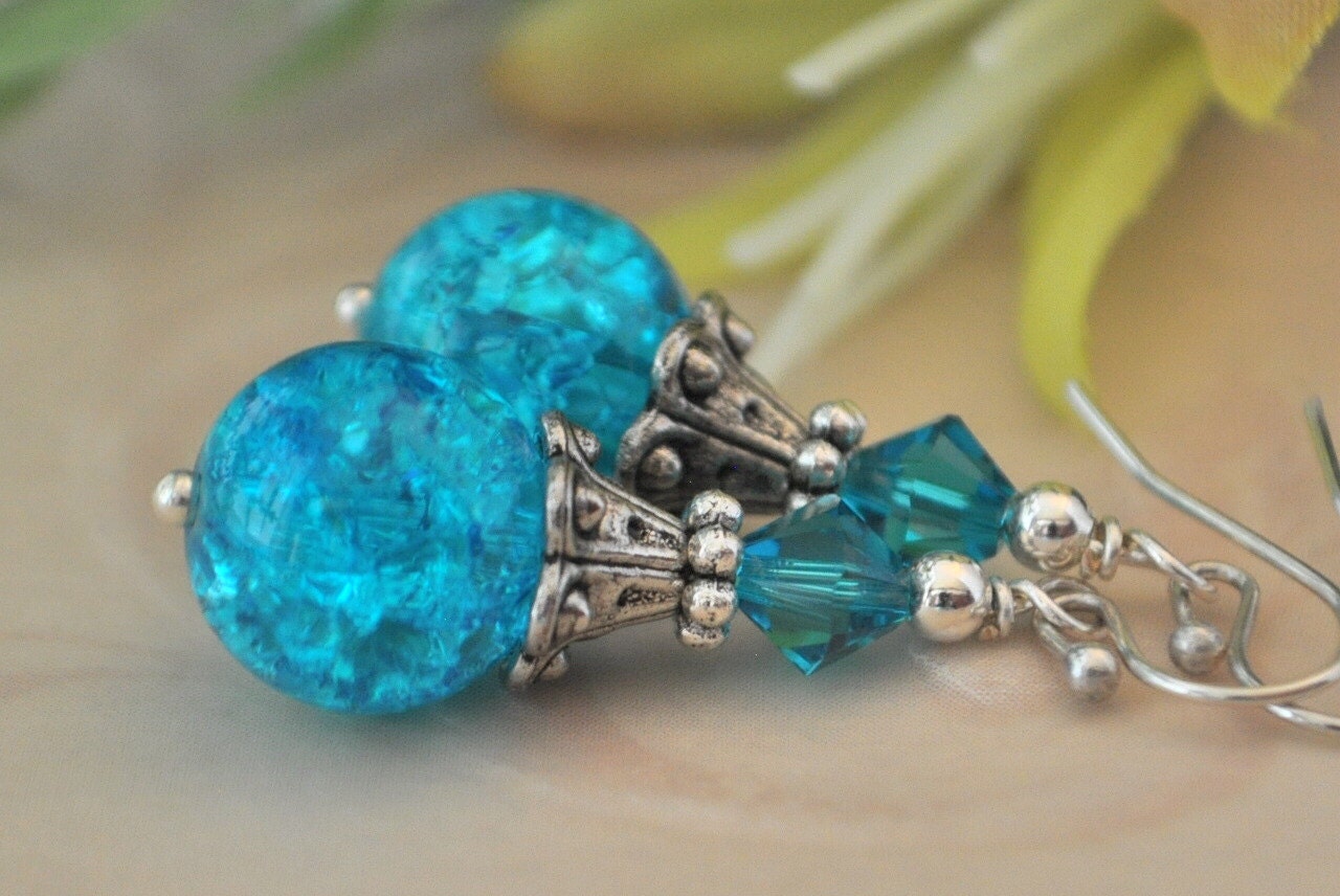 Turquoise Crackle Glass and Zircon Blue Swarovski Crystal Earrings
