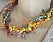 Multi Strand Necklace and Earring Set featuring Freshwater Pearls, Red Coral and Quartz in Autumn Colors of Gold, Green Purple and Red