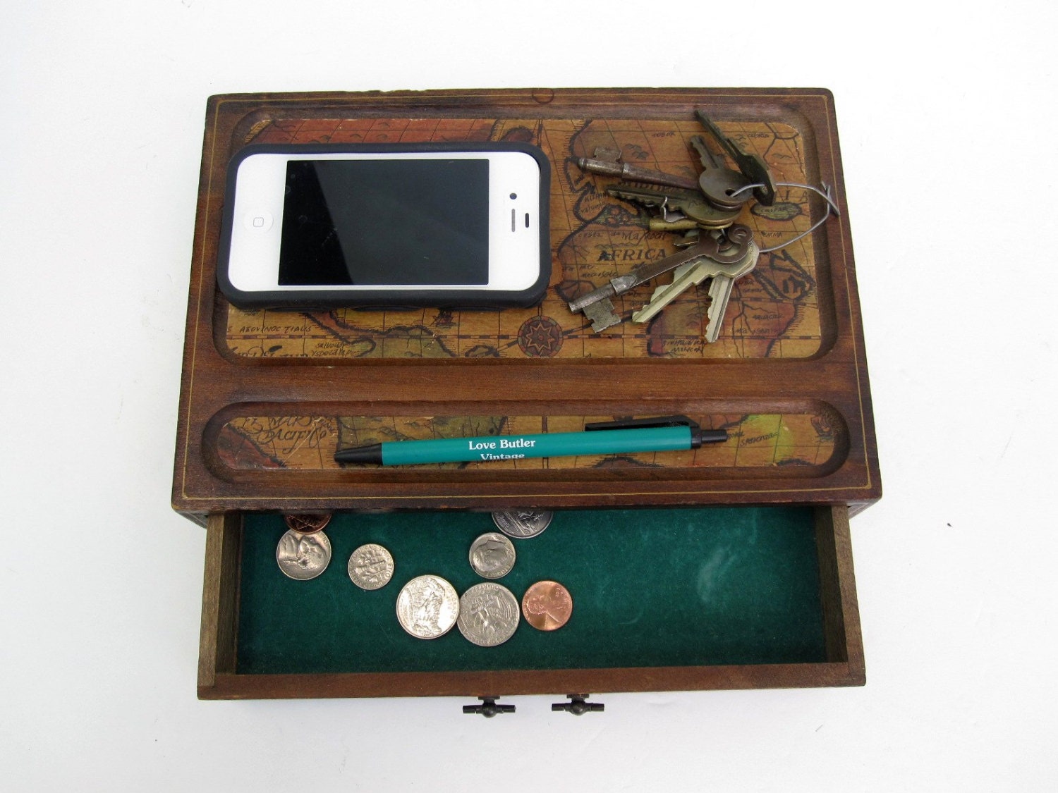For Him - Mens Valet or Dresser Tray - Mid Century Change Tray with Drawer - World Travel Map Jewelry Box