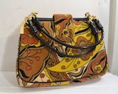 Vintage 1950's / 1960's Small Velvet Purse // Brown and Gold Tone Handbag w/ Black Patent and  Brass Tone Frame
