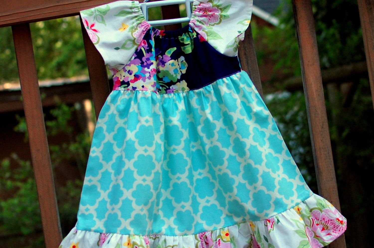 Girl's Peasant Style Dress with Ruffle, Aqua Floral, Sizes 3m to 5T