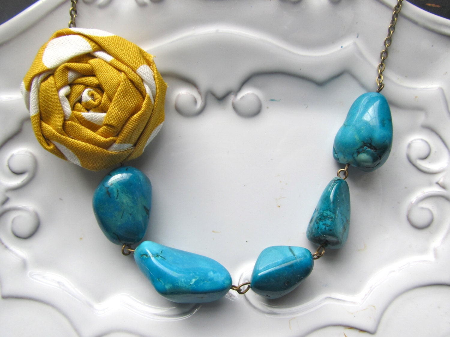 Teal and Yellow statement necklace fabric flower